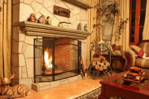 wood fireplace with hearth