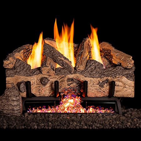 Stock Image - Peterson - Charred Gnarled Oak Real Fyre Gas Vent-Free Gas Log Set Log Set & Burner - Chimney Doctors of Colorado