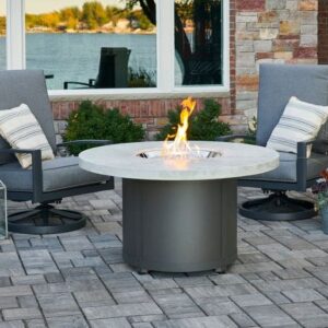 Stock Image - The Outdoor GreatRoom - White Onyx Beacon Round Gas Fire Pit Table The Outdoor Greatroom Company Gas Fire Table - Chimney Doctors of Colorado