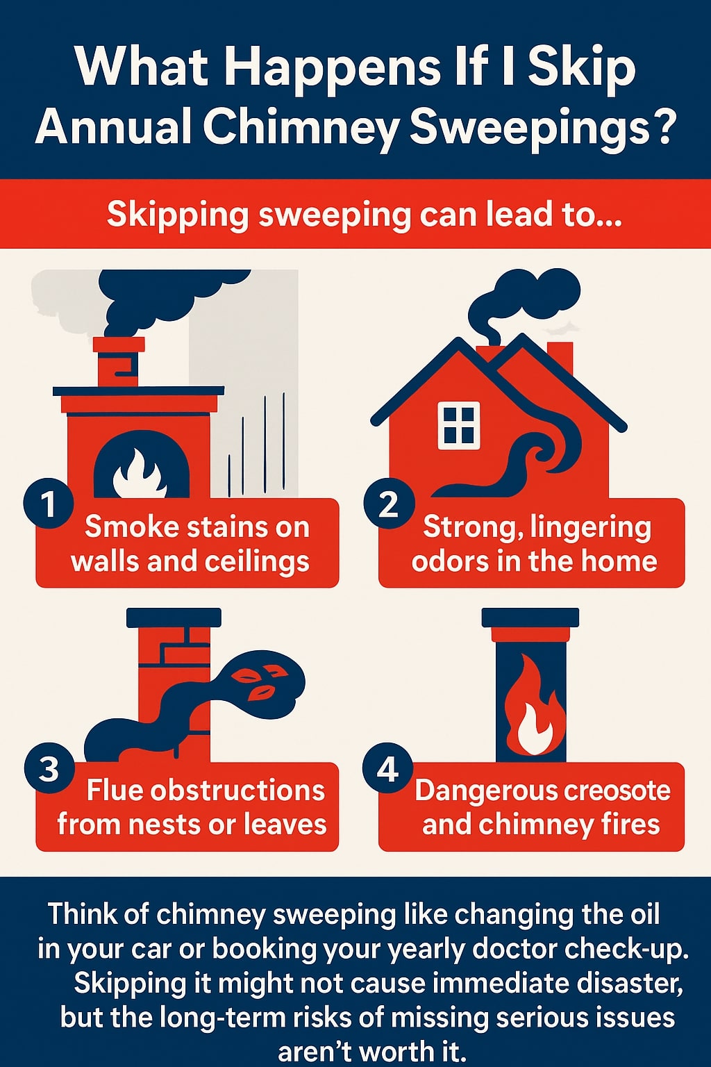 original infographic has a bold blue and red design with white background and is titled “What Happens If I Skip Annual Chimney Sweepings?” in large white letters on a navy blue banner at the top. Below, a red strip with white text says “Skipping sweeping can lead to…” followed by four illustrated boxes. Box one shows a smoking chimney with text “Smoke stains on walls and ceilings.” Box two depicts a red house with smoke trailing inside labeled “Strong, lingering odors in the home.” Box three shows a chimney blocked by leaves and nests with text “Flue obstructions from nests or leaves.” Box four has a chimney with flames inside labeled “Dangerous creosote and chimney fires.” At the bottom, a navy section with white text reads, “Think of chimney sweeping like changing the oil in your car or booking your yearly doctor check-up. Skipping it might not cause immediate disaster, but the long-term risks of missing serious issues aren’t worth it.”