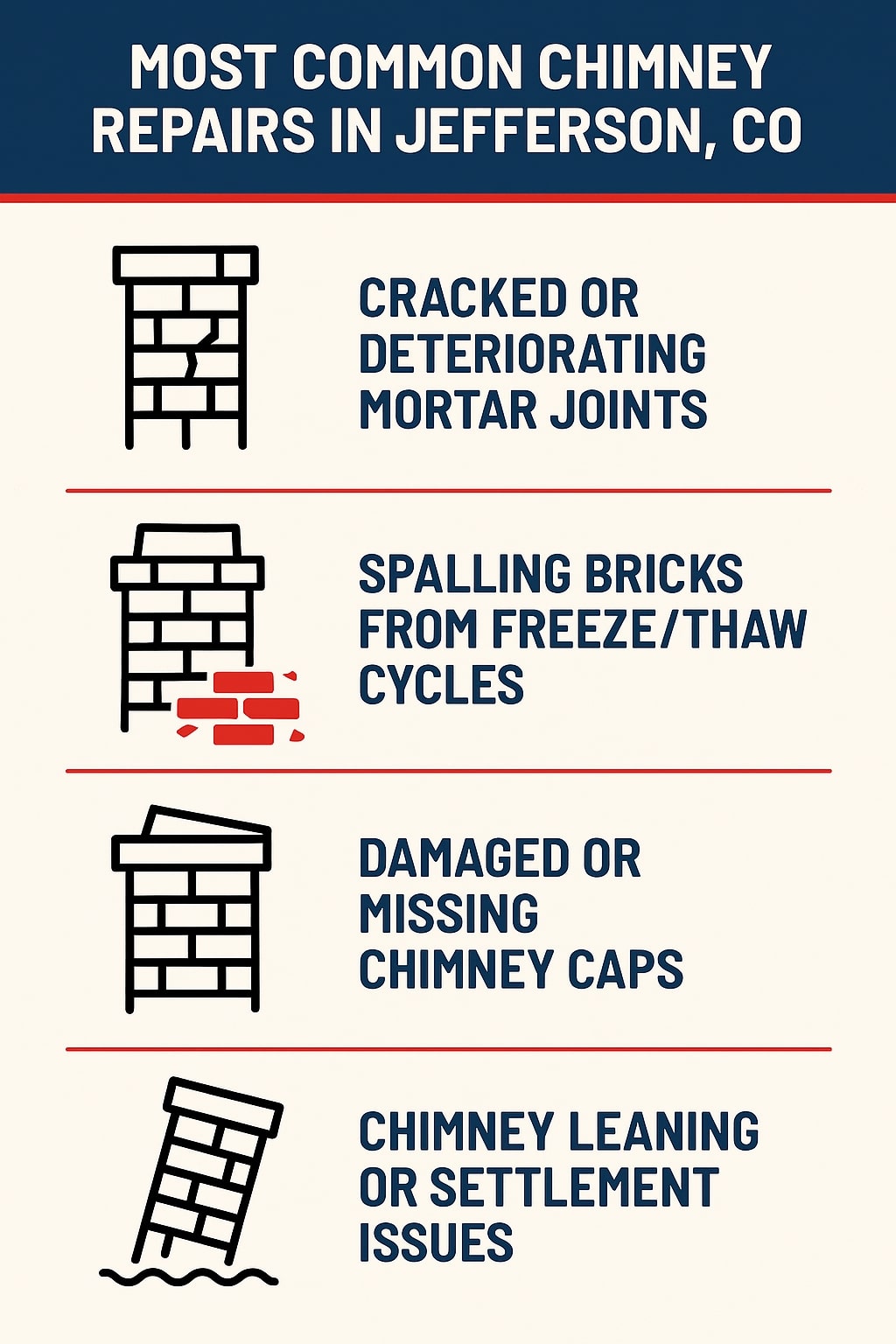 original infographic with a navy blue header reading “Most Common Chimney Repairs in Jefferson, CO” in bold white text. The background is light beige with red divider lines separating four illustrated sections. Each section includes a simple black chimney icon and bold navy blue text listing common repair issues. The first shows a cracked chimney labeled “Cracked or Deteriorating Mortar Joints.” The second shows bricks falling out in red with the text “Spalling Bricks from Freeze/Thaw Cycles.” The third features a chimney with a tilted top labeled “Damaged or Missing Chimney Caps.” The fourth shows a leaning chimney above wavy lines with the text “Chimney Leaning or Settlement Issues.” The design uses clean lines and contrasting colors for easy readability.