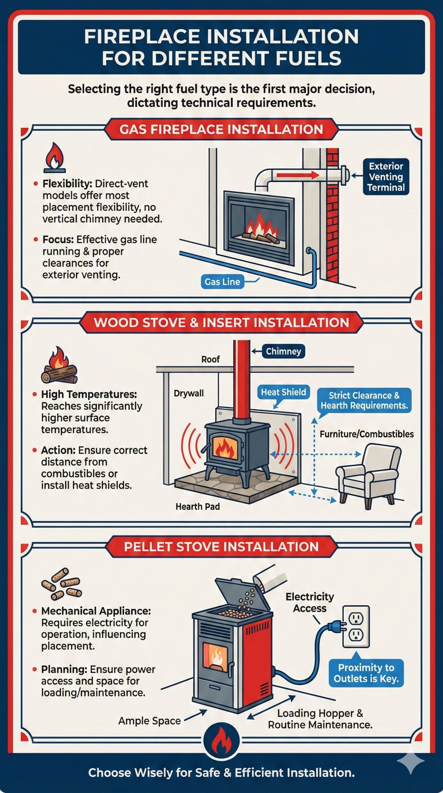 Original infographic titled "Fireplace Installation for Different Fuels" detailing technical considerations for three heating types against an off-white background with navy blue and red accents. The top section, "Gas Fireplace Installation," features a diagram of a direct-vent unit venting horizontally through an exterior wall, noting that these offer placement flexibility without a vertical chimney but require effective gas line planning and proper exterior clearances. The middle section, "Wood Stove & Insert Installation," illustrates a freestanding stove on a hearth pad with heat shields and arrows indicating safe distances from a nearby armchair; the text emphasizes strict adherence to clearance requirements due to high surface temperatures. The bottom section, "Pellet Stove Installation," depicts a unit plugged into an electrical outlet with a hopper being filled, highlighting that these mechanical appliances require proximity to power outlets and ample space for loading and routine maintenance. The graphic concludes with the text "Choose Wisely for Safe & Efficient Installation."